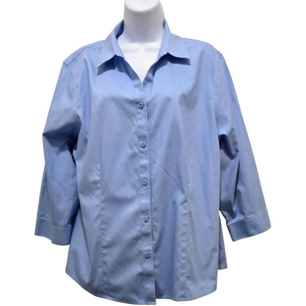 Chico's Non Iron Collection 3/4 Sleeve Button Front Shirt Light Blue Size XL